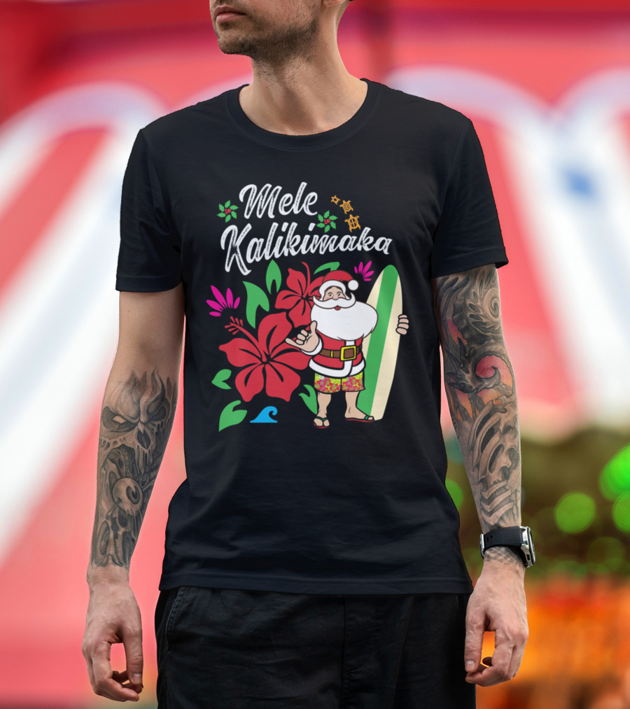 Mele Kalikimaka Hawaiian Santa Surfing with Tropical Flowers T-Shirt
