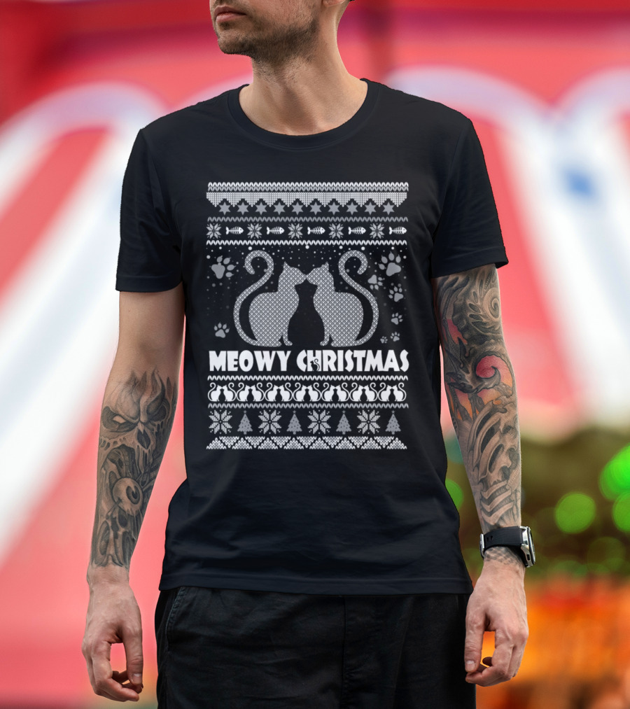 Meowy Christmas Holiday Cats Paw Prints Snowflakes Knit T-Shirt