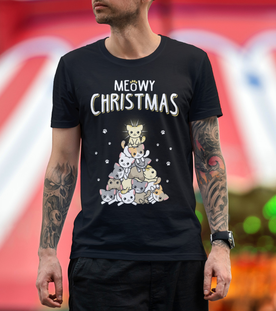 MEOWY CHRISTMAS Cat Pyramid with Paws and Yellow Glow T-Shirt