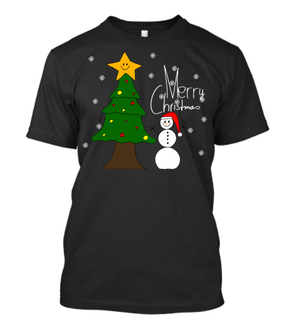 Merry Christmas Snowman And Christmas Tree With Star And Snowflakes T-Shirt