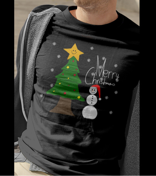 Merry Christmas Snowman And Christmas Tree With Star And Snowflakes T-Shirt
