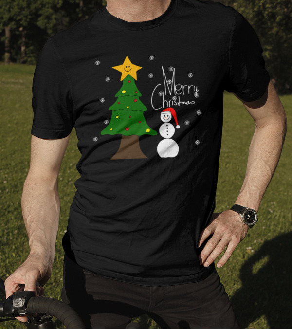 Merry Christmas Snowman And Christmas Tree With Star And Snowflakes T-Shirt