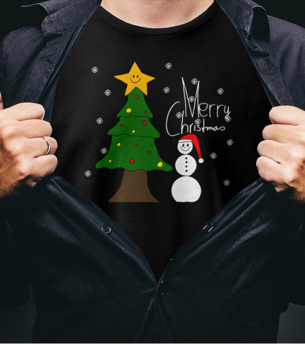 Merry Christmas Snowman And Christmas Tree With Star And Snowflakes T-Shirt