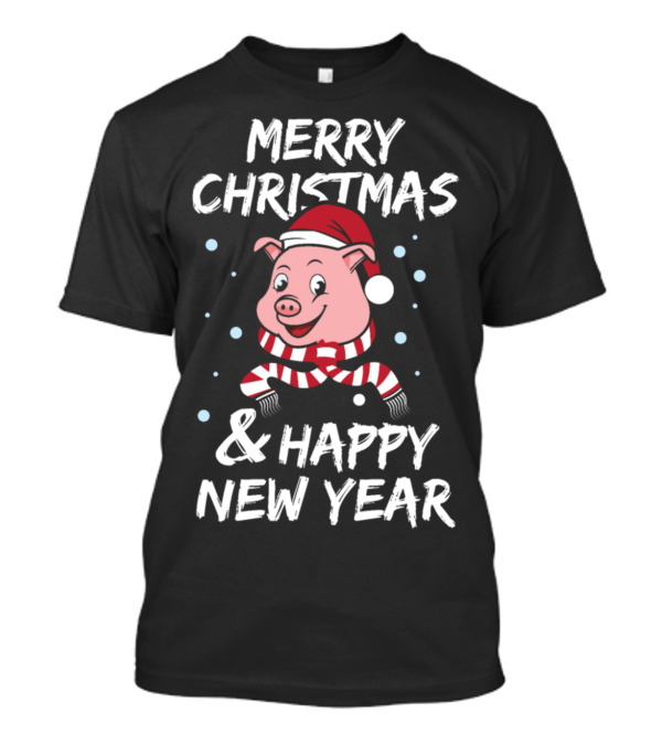 Merry Christmas And Happy New Year Pig In Santa Hat And Scarf T-Shirt