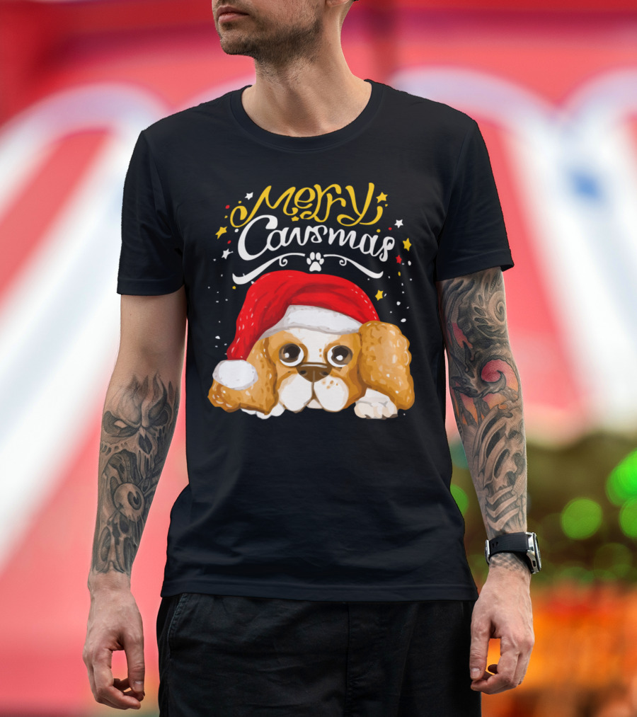 Merry Christmas Cute Dog with Santa Hat T-Shirt