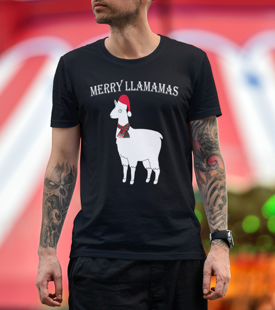 Merry Llamamas Christmas Llama Santa Hat Scarf T-Shirt