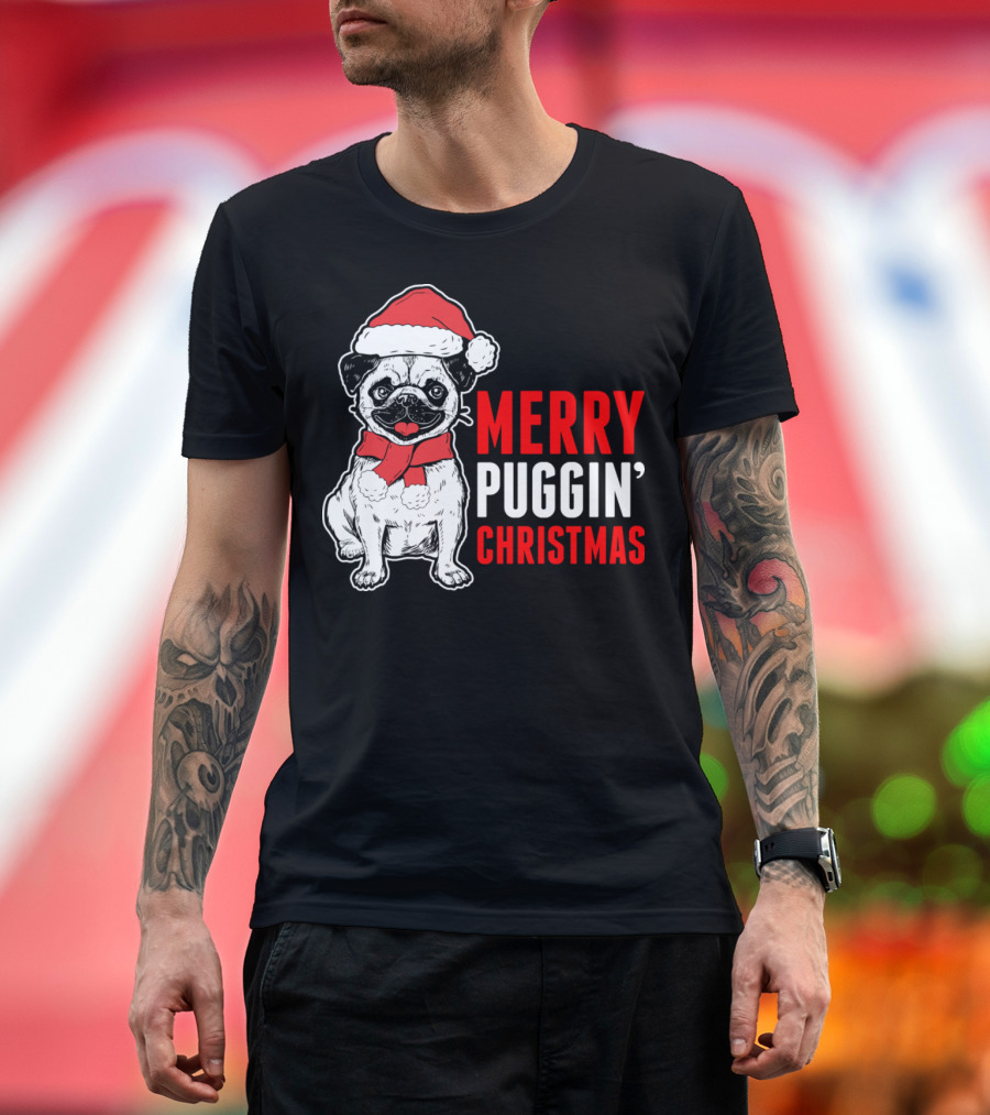 Merry Puggin' Christmas Santa Hat Pug T-Shirt