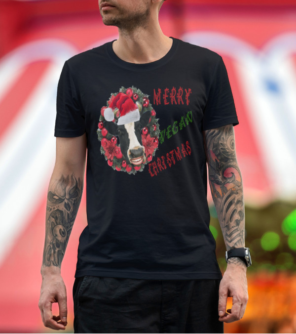 Premium T-Shirt: Merry Vegan Christmas Cow with Santa Hat Wreath T-Shirt Merry Vegan Christmas Cow with Santa Hat Wreath T-Shirt