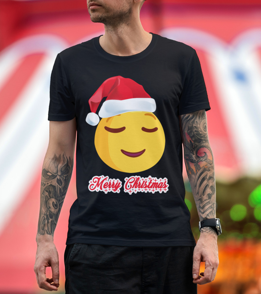 Merry Christmas Emoji with Santa Hat and Smiling Face T-Shirt