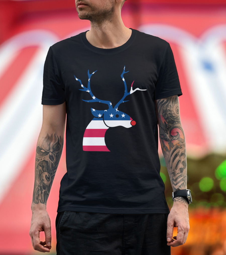 Patriotic Christmas Reindeer With American Flag Antlers and Stripes T-Shirt
