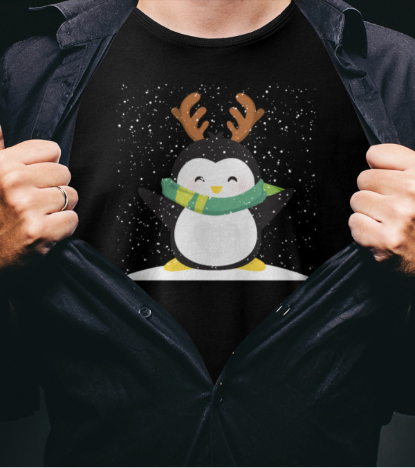 Penguin With Antlers And Scarf In Snow I Merry T-Shirt