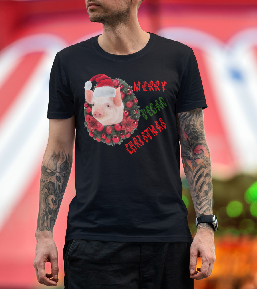 Merry Vegan Christmas Pig with Santa Hat and Festive Wreath T-Shirt