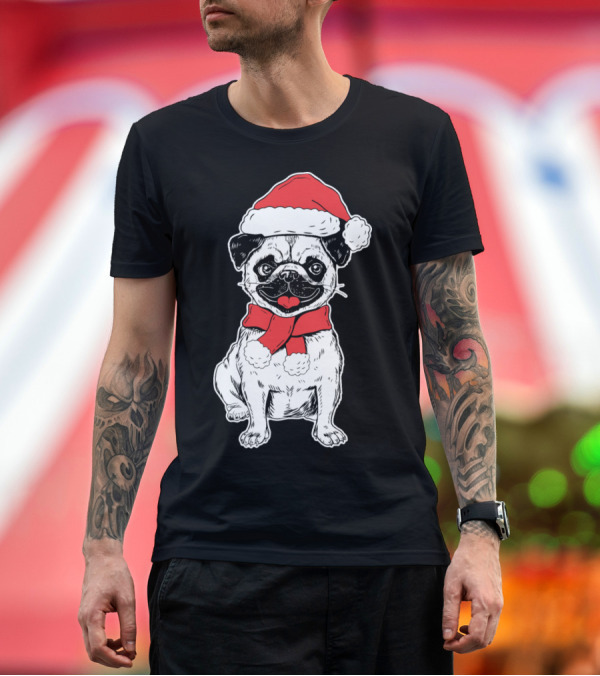 Premium T-Shirt: Pug Wearing Santa Hat and Scarf T-Shirt Pug Wearing Santa Hat and Scarf T-Shirt