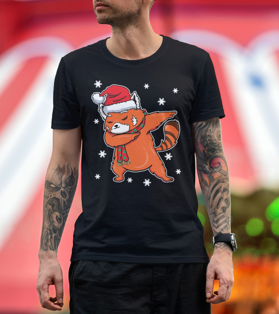Red Panda Dabbing Santa Hat Scarf Snowflakes Christmas Present T-Shirt