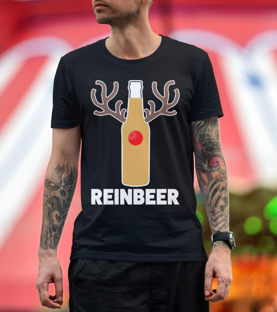 Reindeer Reinbeer Funny Christmas Beer Bottle with Antlers and Red Nose T-Shirt
