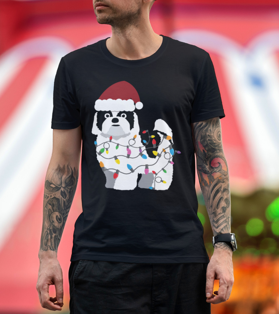 Shih Tzu in Santa Hat Wrapped in Christmas Lights T-Shirt