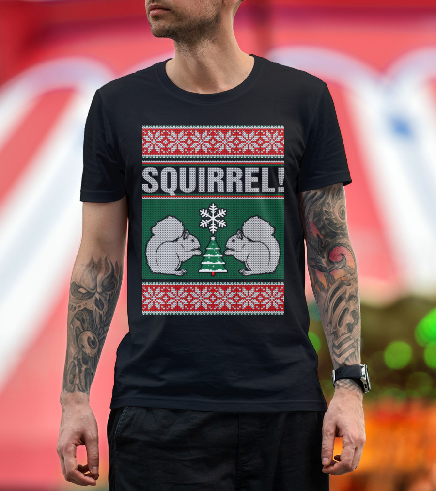 Squirrel Holiday Ugly Christmas Sweater Pattern with Snowflakes and Christmas Tree T-Shirt