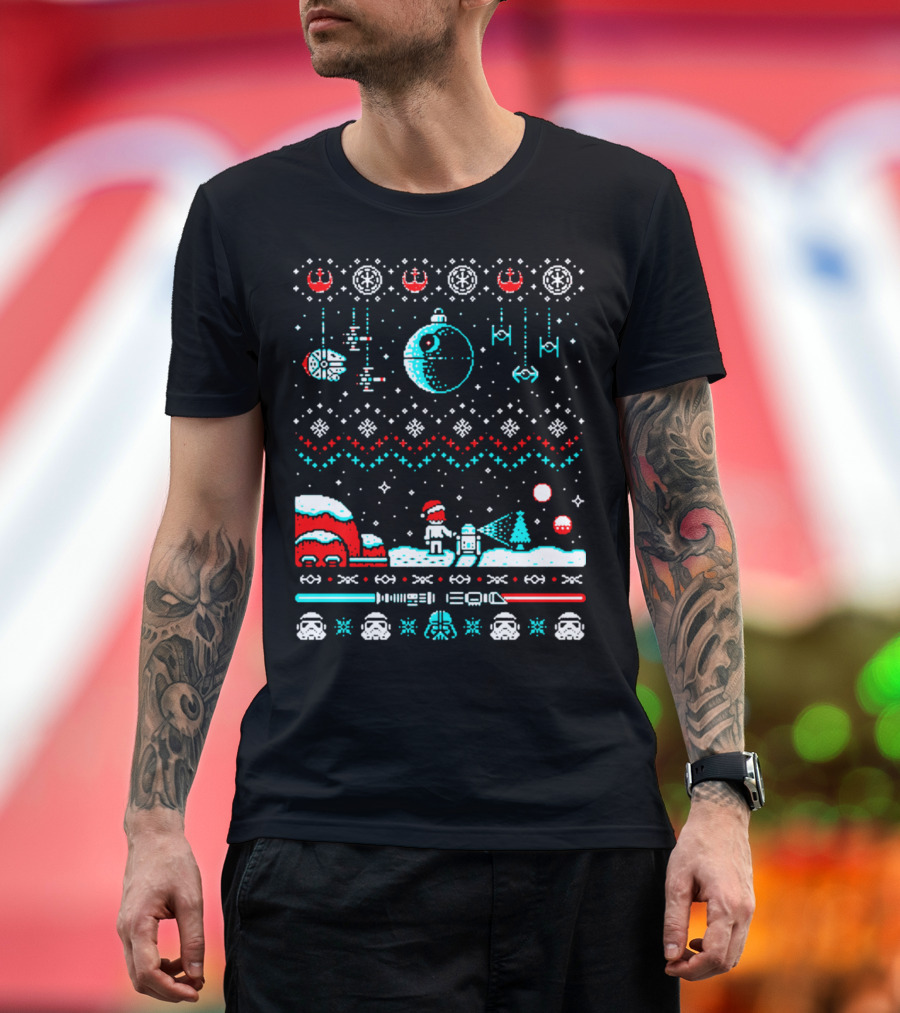 Star Wars Ugly Christmas Sweater Millennium Falcon Death Star TIE Fighter Santa Vader Stormtrooper R2-D2 C-3PO Winter Scene T-Shirt