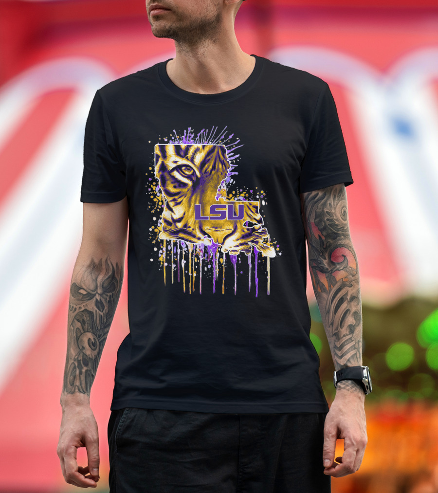 LSU Tigers Map with Tiger Eye and Gameday Colors T-Shirt