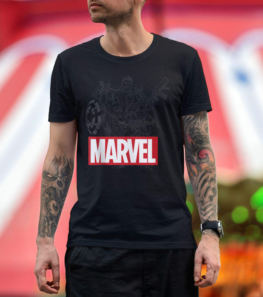 MARVEL Avengers Collage Sketch Red Brick Hero Team T-Shirt