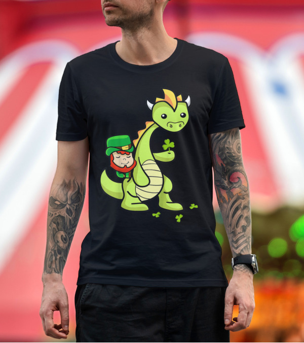 Premium T-Shirt: Leprechaun Riding Dragon Holding Clover T-Shirt Leprechaun Riding Dragon Holding Clover T-Shirt