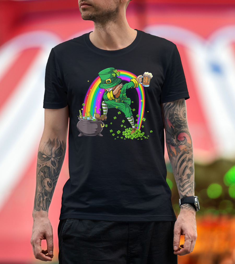 Leprechaun Dab Dance with Beer and Rainbow Funny Saint Patrick's Day T-Shirt