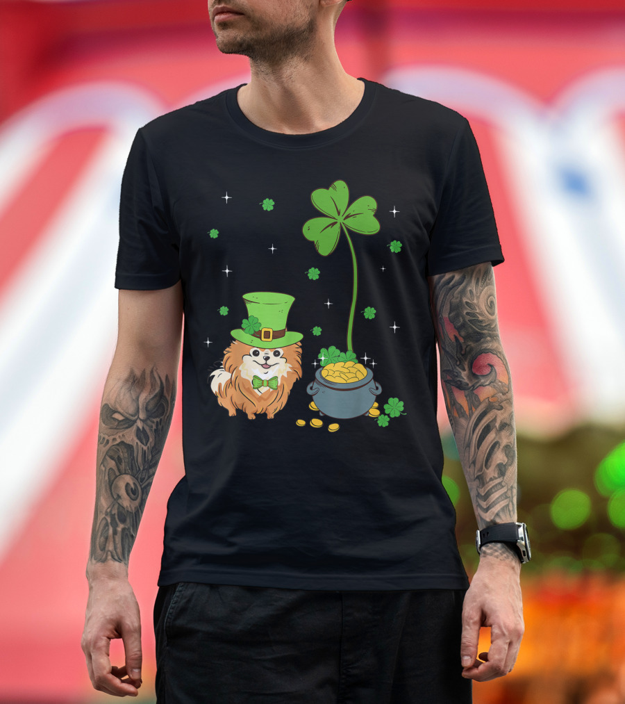 Shamrock Leprechaun Pomeranian St Patrick's Day with Clover and Pot of Gold T-Shirt