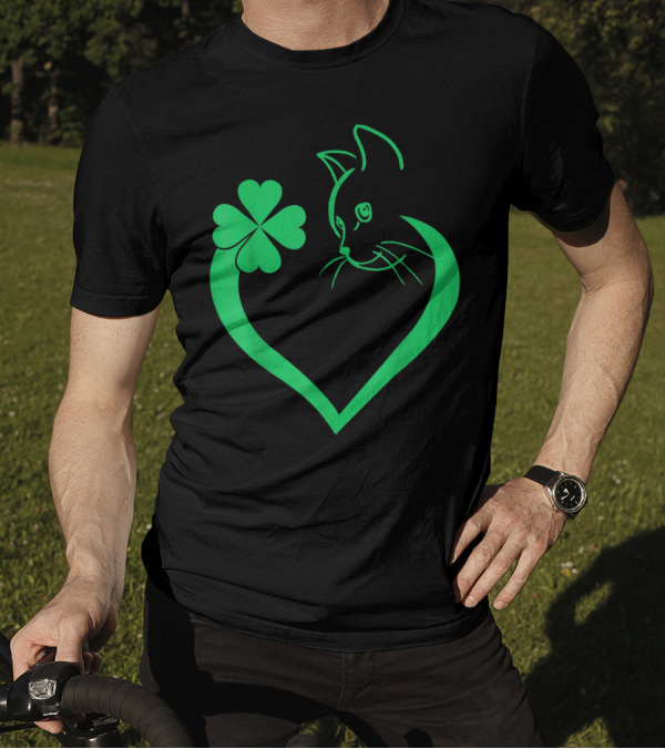 Cat Shamrock Heart Embrace St Patrick's Day Cat Lover T-Shirt