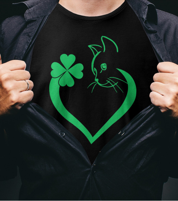 Cat Shamrock Heart Embrace St Patrick's Day Cat Lover T-Shirt