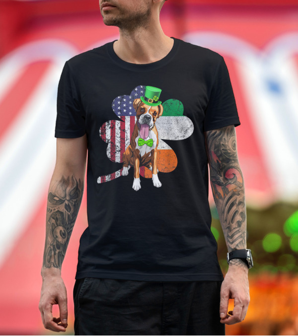 Premium T-Shirt: Irish American Flag Shamrock Boxer Dog Wearing Green Hat and Bow Tie T-Shirt Irish American Flag Shamrock Boxer Dog Wearing Green Hat and Bow Tie T-Shirt