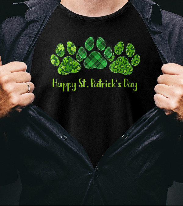 Happy St. Patrick's Day Green Irish Patterned Dog Paws T-Shirt