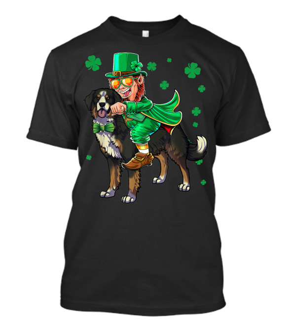 Leprechaun Riding Bernese Mountain Dog With Shamrocks T-Shirt