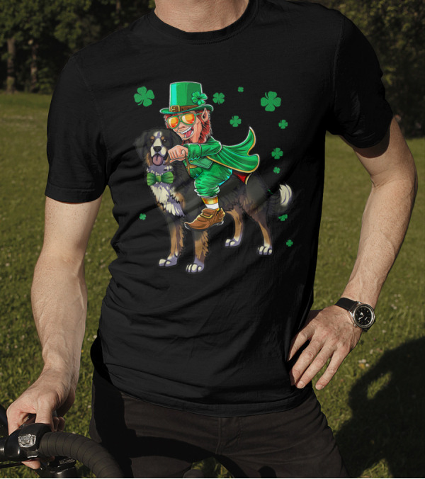 Leprechaun Riding Bernese Mountain Dog With Shamrocks T-Shirt