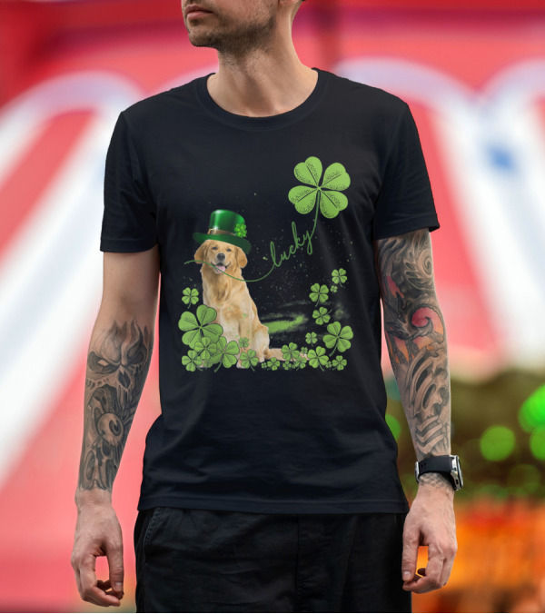 Premium T-Shirt: Lucky Golden Retriever Dog Shamrock Hat with Clover T-Shirt Lucky Golden Retriever Dog Shamrock Hat with Clover T-Shirt