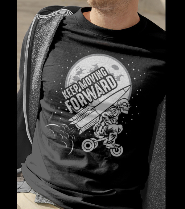 Keep Moving Forward Rocket Tricycle Skeleton Moon T-Shirt