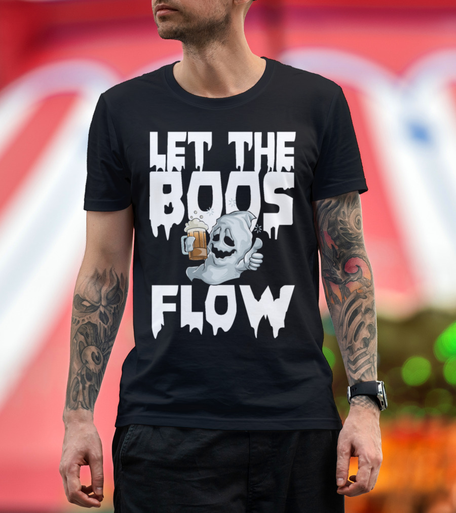 Let The Boos Flow Ghost Holding Beer Halloween Horror Funny Scary T-Shirt