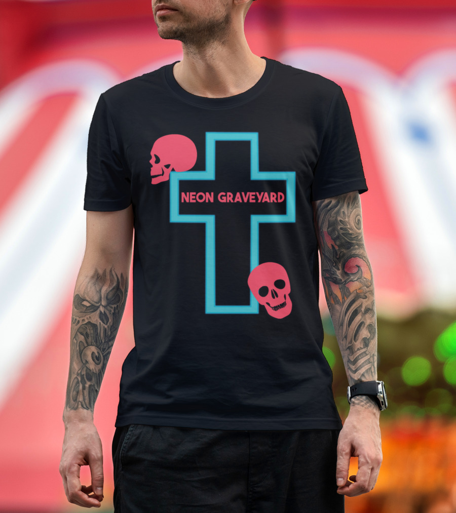 Neon Graveyard Cross with Red Skulls Halloween Party T-Shirt