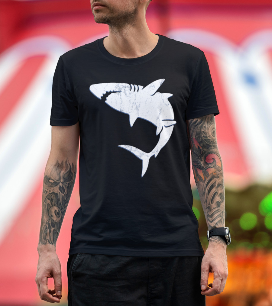 Shark Vintage Distressed Look Retro Style White T-Shirt
