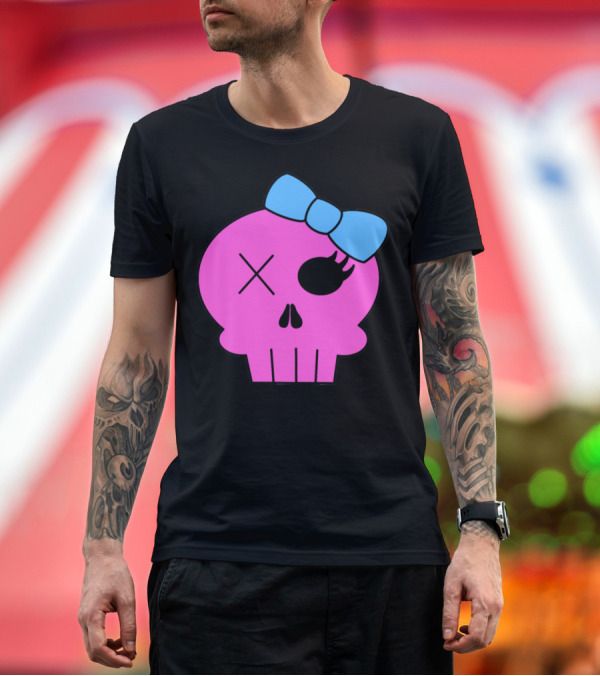 Premium T-Shirt: Pink Skull with Blue Bow T-Shirt Pink Skull with Blue Bow T-Shirt