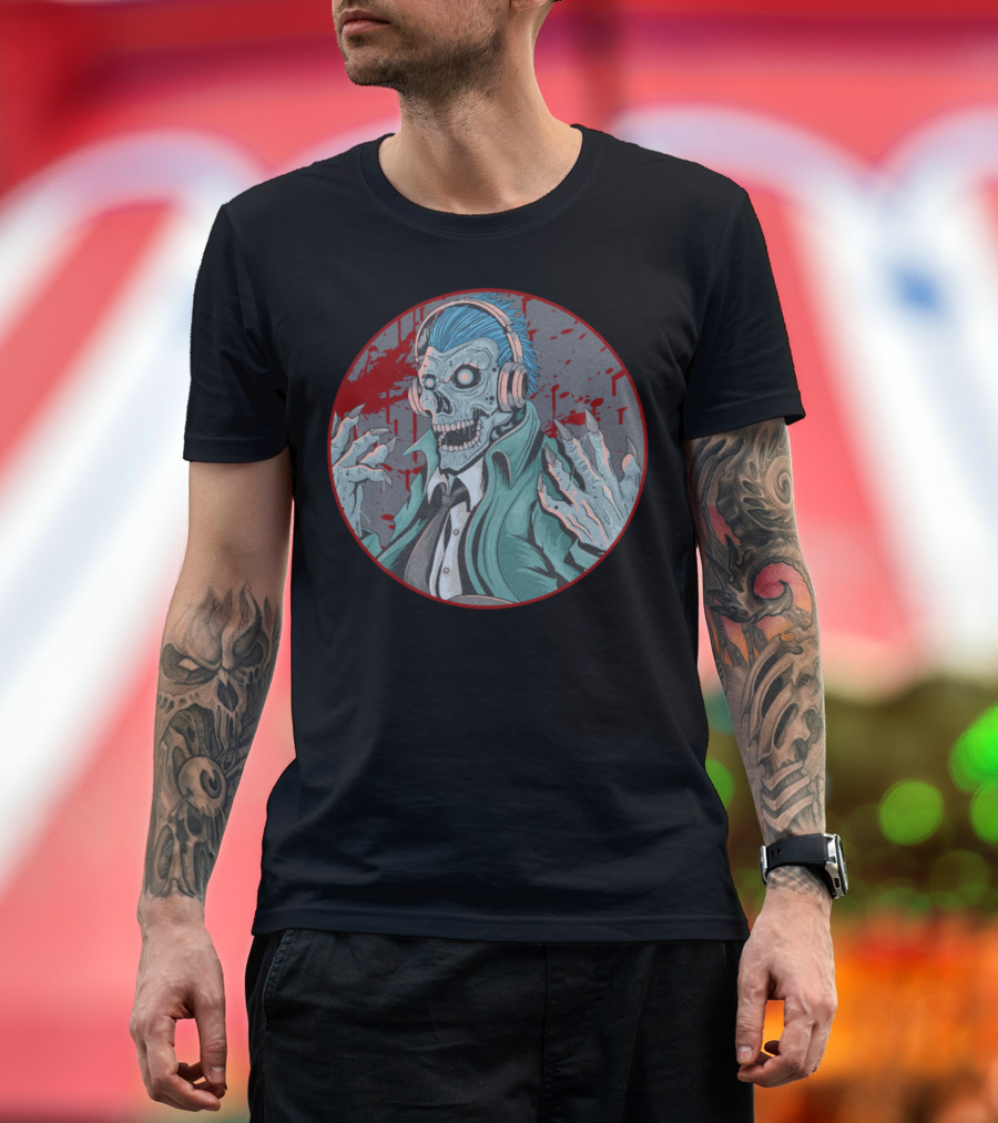 Zombie Character with Headphones and Suit in Bloody Circle T-Shirt