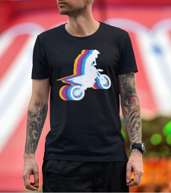 Premium T-Shirt: Distressed Vintage Motocross Motorcyclist Silhouette with Rainbow Trail T-Shirt Distressed Vintage Motocross Motorcyclist Silhouette with Rainbow Trail T-Shirt
