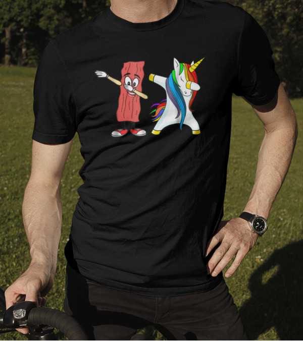 Funny Rainbow Unicorn And Bacon Dabbing Together T-Shirt