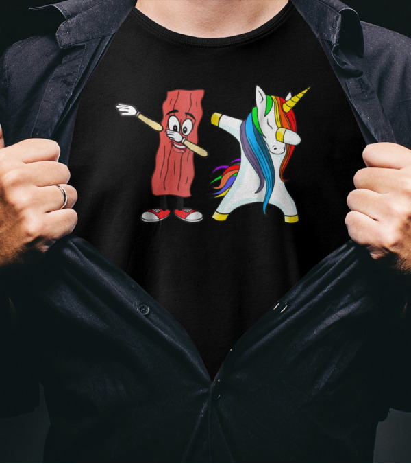 Funny Rainbow Unicorn And Bacon Dabbing Together T-Shirt