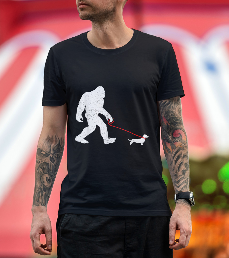 Bigfoot Sasquatch Walking Dachshund Funny Monster Myth Dog Leash Image T-Shirt