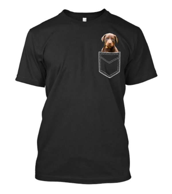 Red Doberman Pinscher Dog In Pocket Funny Dobie T-Shirt
