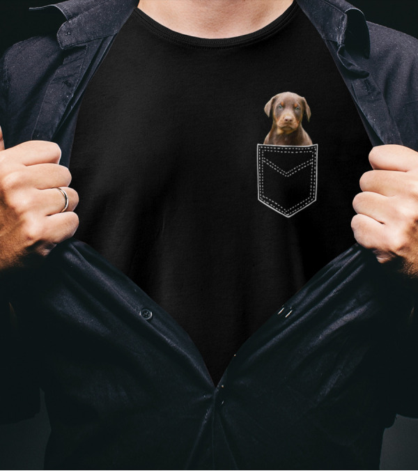 Red Doberman Pinscher Dog In Pocket Funny Dobie T-Shirt