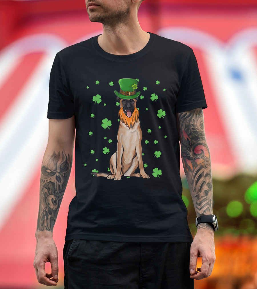 St Patricks Day Belgian Malinoi Dog with Shamrock Hat and Green Clover T-Shirt