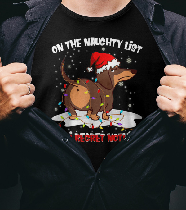 On The Naughty List And I Regret Nothing Dachshund Christmas Lights T-Shirt