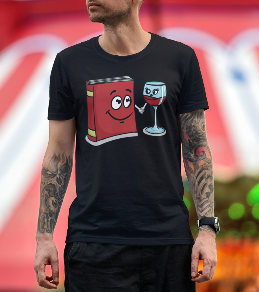 Book And Wine Smiling Cartoon Character Friendship T-Shirt