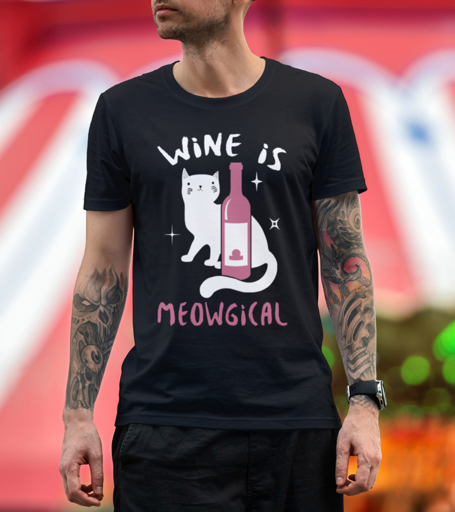 Wine Is Meowgical Cat with Wine Bottle and Stars T-Shirt